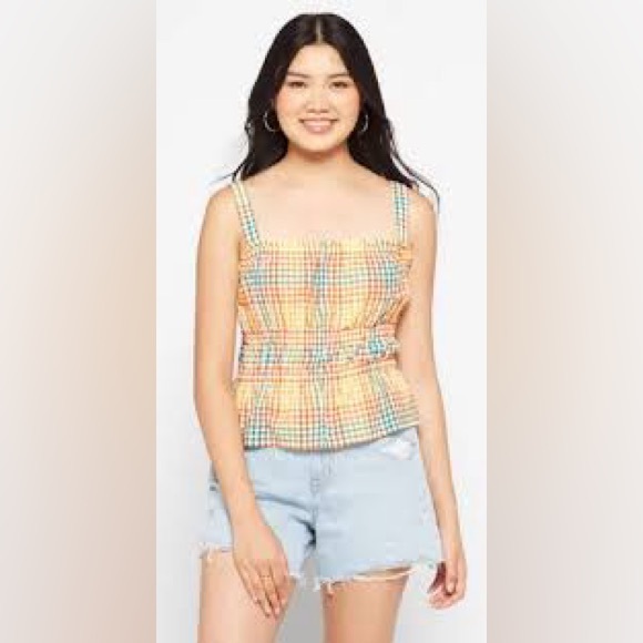Madewell Seersucker Sophia Peplum Tank in Rainbow Gingham Check. Size L - Picture 6 of 16